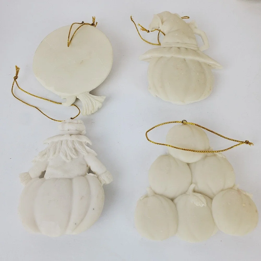 4 Vintage Witch Scarecrow Pumpkin Ceramic Resin Halloween Ornaments Off White